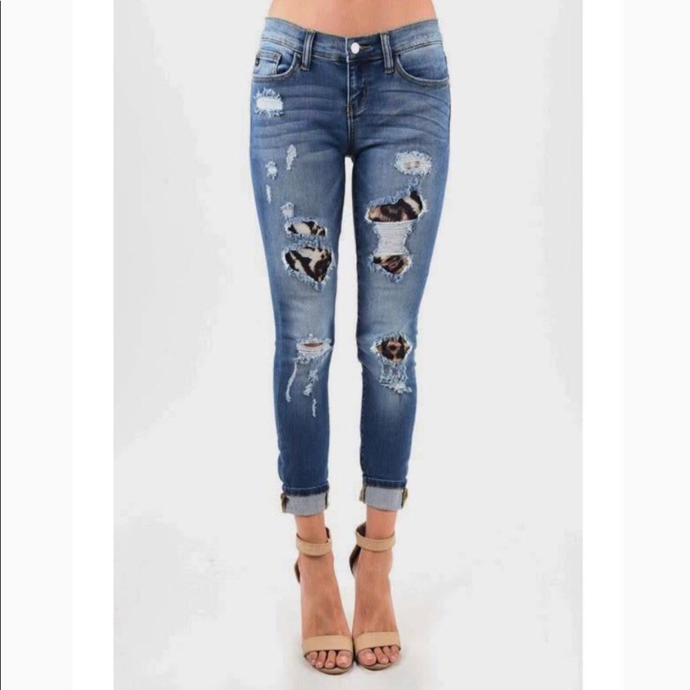 Distressed Leopard Patch Jeans